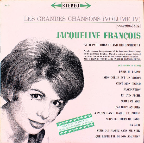 Jacqueline François With Paul Durand And His Orchestra - Les Grandes Chansons (Volume IV) - VG+ LP Record 1964 Columbia USA Vinyl - Pop / Chanson - Shuga Records
