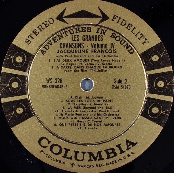 Jacqueline François With Paul Durand And His Orchestra - Les Grandes Chansons (Volume IV) - VG+ LP Record 1964 Columbia USA Vinyl - Pop / Chanson - Shuga Records