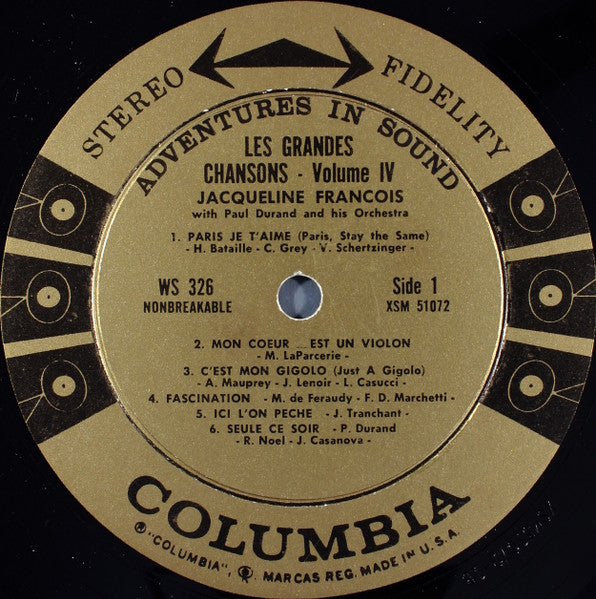 Jacqueline François With Paul Durand And His Orchestra - Les Grandes Chansons (Volume IV) - VG+ LP Record 1964 Columbia USA Vinyl - Pop / Chanson - Shuga Records