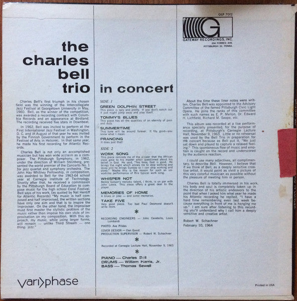 The Charles Bell Trio In Concert - VG- LP Record 1964 Gateway USA Mono Original Vinyl - Jazz - Shuga Records