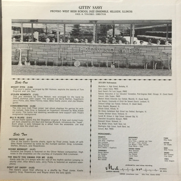 Proviso West High School Jazz Ensemble – Gittin' Sassy - VG+ LP Record 1974 Mark USA Private IL USA Vinyl - Jazz / Funk / Samples