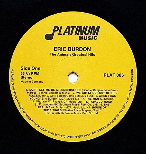 Signed Autographed - Eric Burdon - The Animals Greatest Hit - VG LP Record 1984 Platinum Music Germany Vinyl - Pop Rock / Classic Rock - Shuga Records
