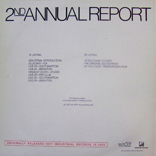Throbbing Gristle - 2nd Annual Report (1977) - Mint- LP Record 1983 Mute UK Vinyl - Electronic / Industrial / Experimental - Shuga Records