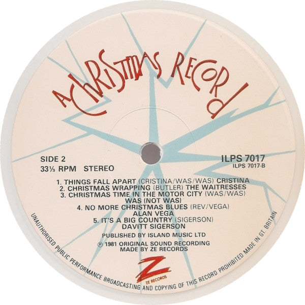 Various – A Christmas Record - Mint- LP Record 1981 ZE UK White Vinyl - - Shuga Records