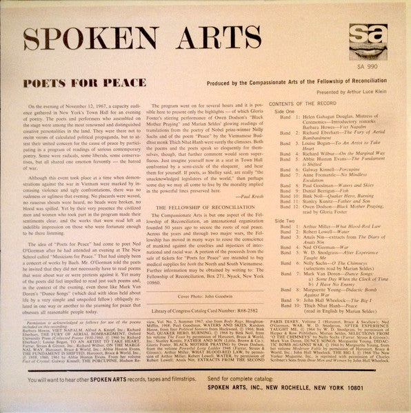 Various - Poets For Peace - VG+ (VG- cover) LP Record 1967 Spoken Arts USA Vinyl - Poetry / Spoken Word - Shuga Records