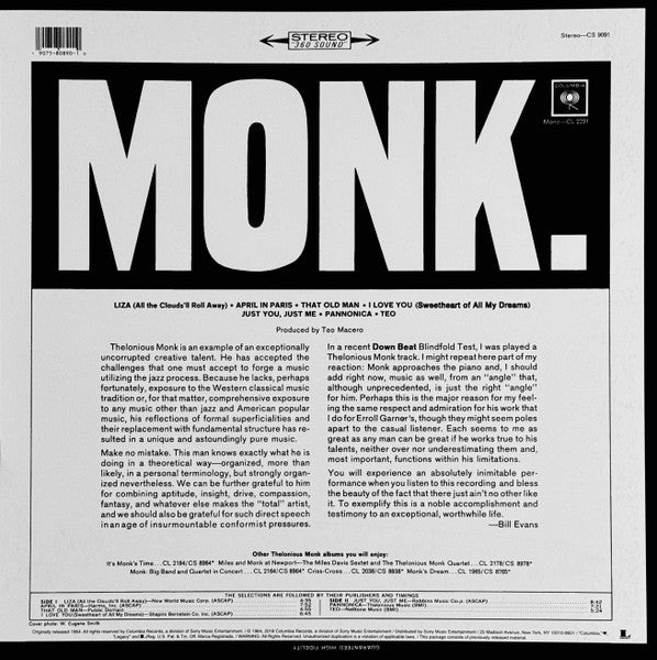 Thelonious Monk - Monk. (1965) - New LP Record Store Day 2018 Columbia RSD Vinyl & Download - Jazz / Hard Bop - Shuga Records