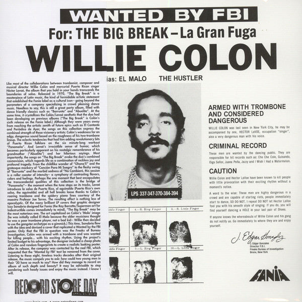 Willie Colon - Wanted By The FBI / The Big Break / La Gran Fuga (1970) - Mint- LP Record Store Day 2018 Get On Down RSD White Vinyl & OBI - Latin / Salsa - Shuga Records