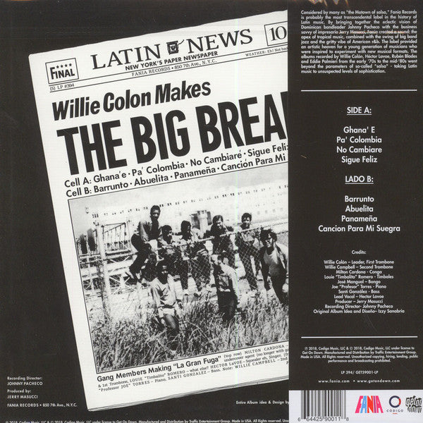 Willie Colon - Wanted By The FBI / The Big Break / La Gran Fuga (1970) - Mint- LP Record Store Day 2018 Get On Down RSD White Vinyl & OBI - Latin / Salsa - Shuga Records