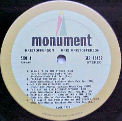 Kris Kristofferson – Kristofferson - Mint- LP Record 1970 Monument USA "April 1970" Vinyl - Country - Shuga Records