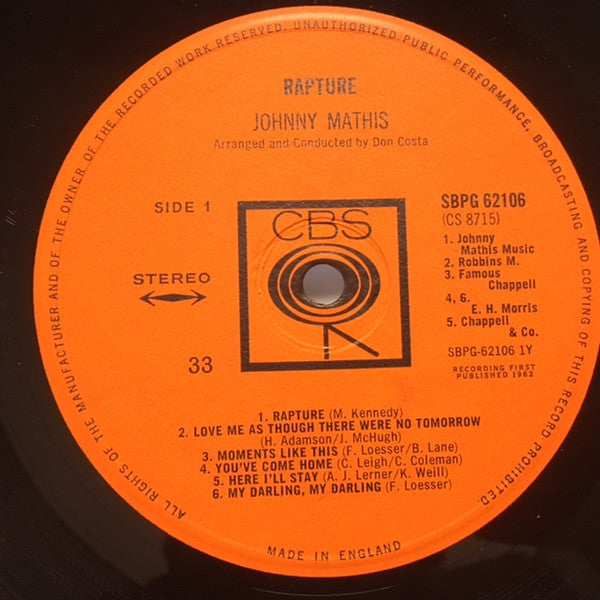 Johnny Mathis - Rapture - Mint- LP Record 1962 Columbia UK Stereo Original Press Vinyl - Pop / Vocal / Jazz - Shuga Records