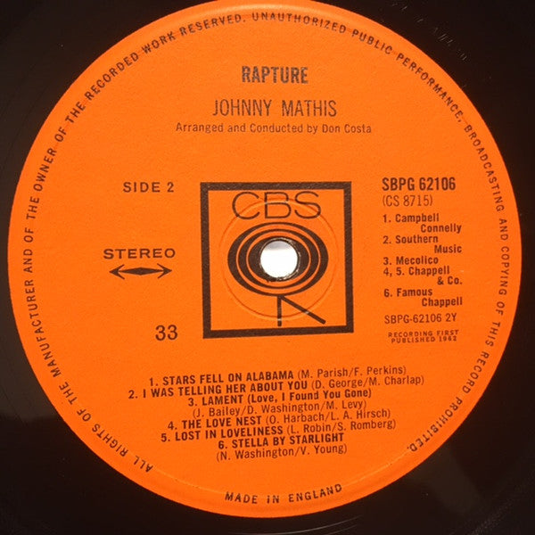 Johnny Mathis - Rapture - Mint- LP Record 1962 Columbia UK Stereo Original Press Vinyl - Pop / Vocal / Jazz - Shuga Records