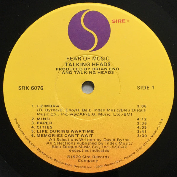 Talking Heads - Fear Of Music - VG+ LP Record 1979 Sire USA Original Vinyl - New Wave / Pop Rock - Shuga Records