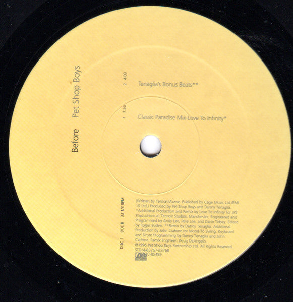 Pet Shop Boys - Before - VG 12" Single Record 1996 Atlantic USA Danny Tenaglia Mixes Vinyl - House / Garage House - Shuga Records