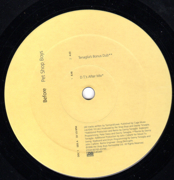 Pet Shop Boys - Before - VG 12" Single Record 1996 Atlantic USA Danny Tenaglia Mixes Vinyl - House / Garage House - Shuga Records