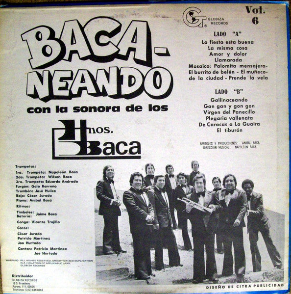 La Sonora De Los Hnos. Baca – Baca-Neando Con La Sonora De Los Hnos. Baca Vol. 6 - Mint- LP Record 1976 Globiza Ecuador USA Vinyl - Latin / Salsa / Cumbia - Shuga Records