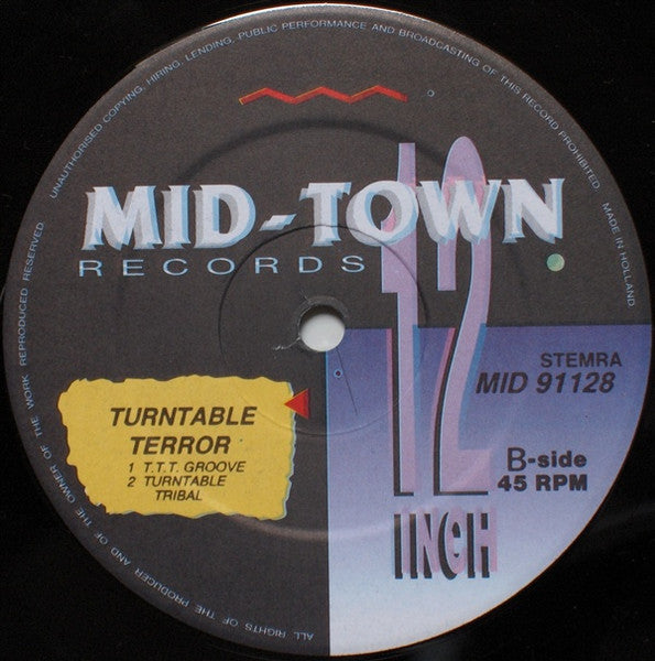 Turntable Terror - King Of Rock - VG+ 12" Single Record 1992 Mid-Town Netherlands Vinyl - Techno / Hardcore - Shuga Records
