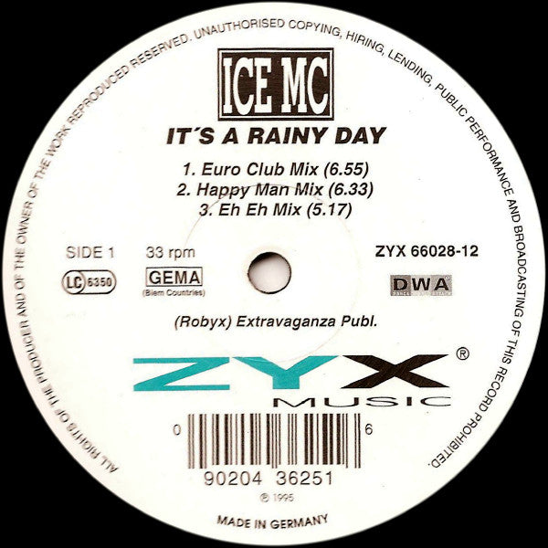 ICE MC - It's A Rainy Day - Mint- 12" Single Record 1995 ZYX Music Germany Vinyl - House / Euro House - Shuga Records