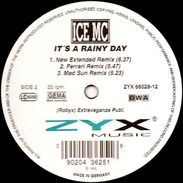 ICE MC - It's A Rainy Day - Mint- 12" Single Record 1995 ZYX Music Germany Vinyl - House / Euro House - Shuga Records