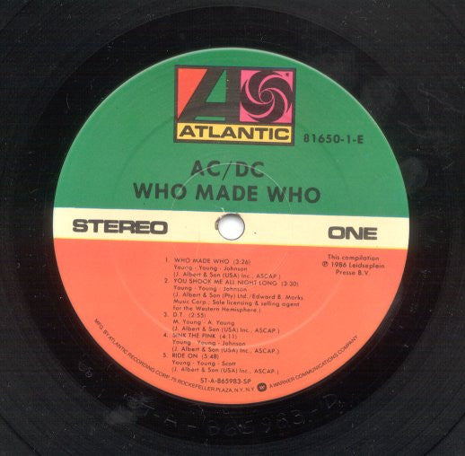 AC/DC - Who Made Who - VG+ LP Record 1986 Atlantic USA Vinyl - Hard Rock / Rock & Roll