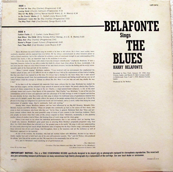 Harry Belafonte ‎– Belafonte Sings The Blues - VG+ LP Record 1958 RCA USA Living Stereo Original Vinyl - Folk / Pop / Ballad