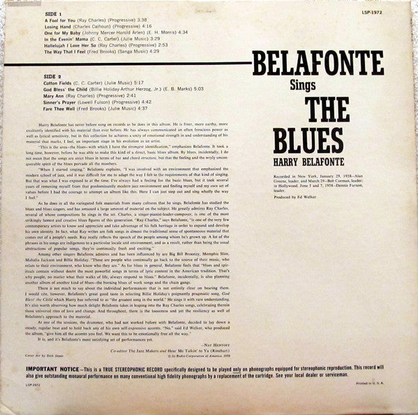 Harry Belafonte ‎– Belafonte Sings The Blues - VG+ LP Record 1958 RCA USA Living Stereo Original Vinyl - Folk / Pop / Ballad - Shuga Records