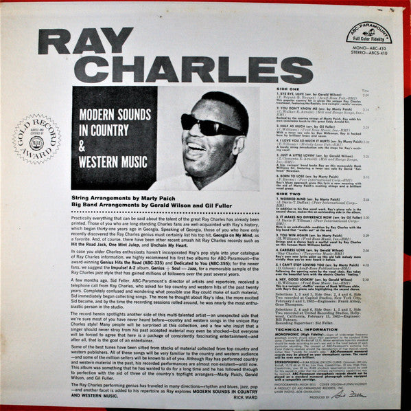 Ray Charles ‎– Modern Sounds In Country And Western Music - VG+ LP Record 1962 ABC-Paramount USA Stereo Vinyl - Soul / Rhythm & Blues - Shuga Records