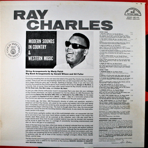 Ray Charles ‎– Modern Sounds In Country And Western Music - VG+ LP Record 1962 ABC-Paramount USA Stereo Vinyl - Soul / Rhythm & Blues