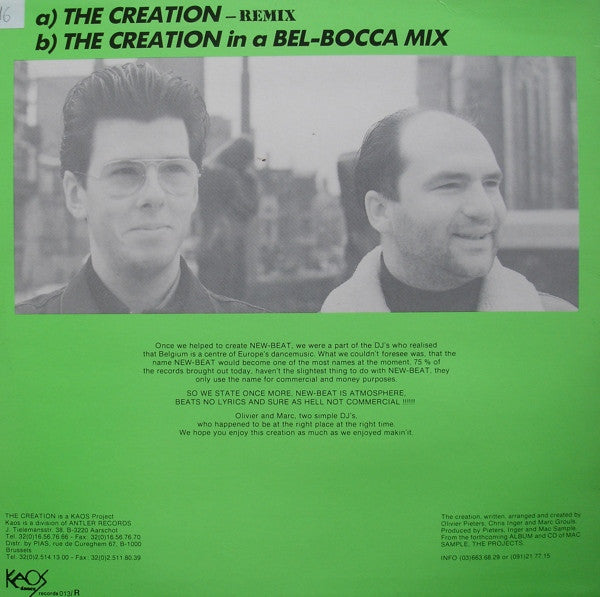 The 2 DJ's - The Creation Remix - Mint- (VG+ cover) 12" Single Record 1989 Kaos Dance Belgium Vinyl - New Beat / Hard Beat - Shuga Records