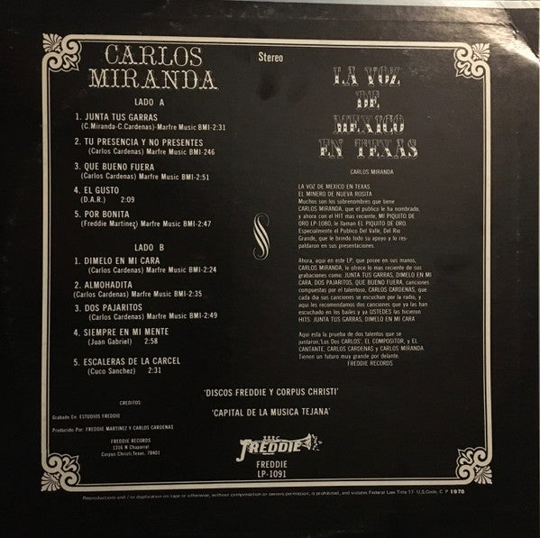 Carlos Cardenas - Junta Tus Ganas / Dímelo En Mi Cara - VG+ LP Record 1978 Freddie USA Vinyl - Latin / Ranchera / Tejano - Shuga Records