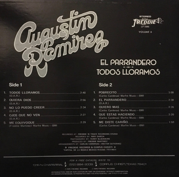 Augustin Ramirez - El Parrandero - Todos Lloramos Vol. 6 - VG+ LP Record 1978 Freddie USA Vinyl - Latin / Tejano / Soul - Shuga Records