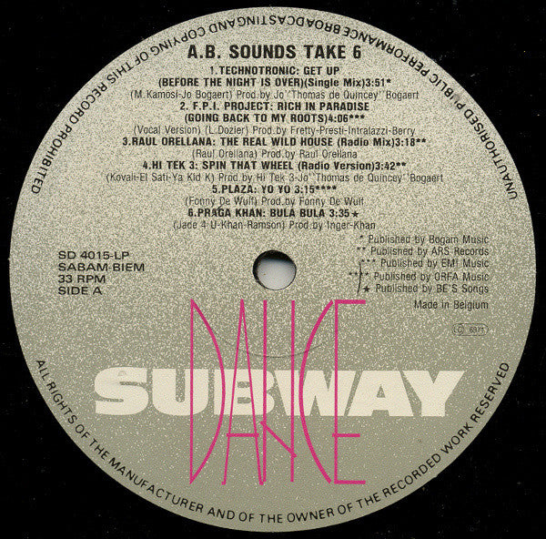 Various - A.B. Sounds - Take 6 - LP Record 1990 Subway Dance Belgium Vinyl - Electronic / Euro House / New Beat / Hip-House - Shuga Records