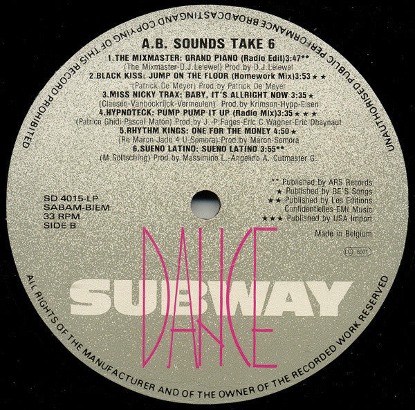 Various - A.B. Sounds - Take 6 - LP Record 1990 Subway Dance Belgium Vinyl - Electronic / Euro House / New Beat / Hip-House - Shuga Records