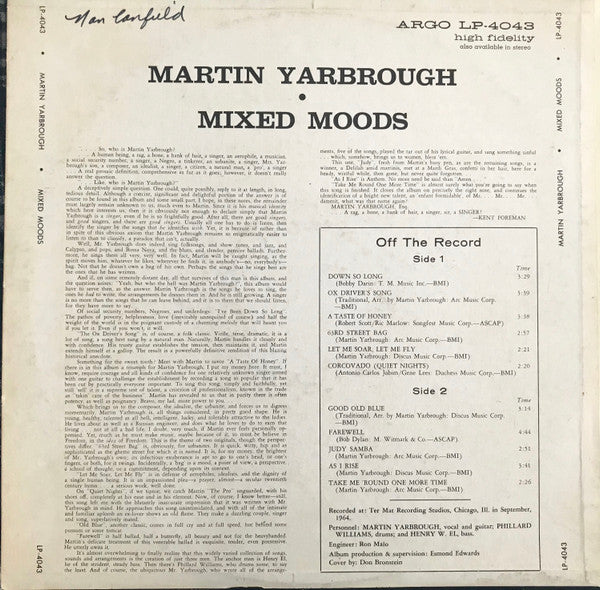 Martin Yarbrough - Mixed Moods - VG+ LP Record 1964 Argo USA Mono Original Vinyl - Jazz / Latin / Samba / - Shuga Records