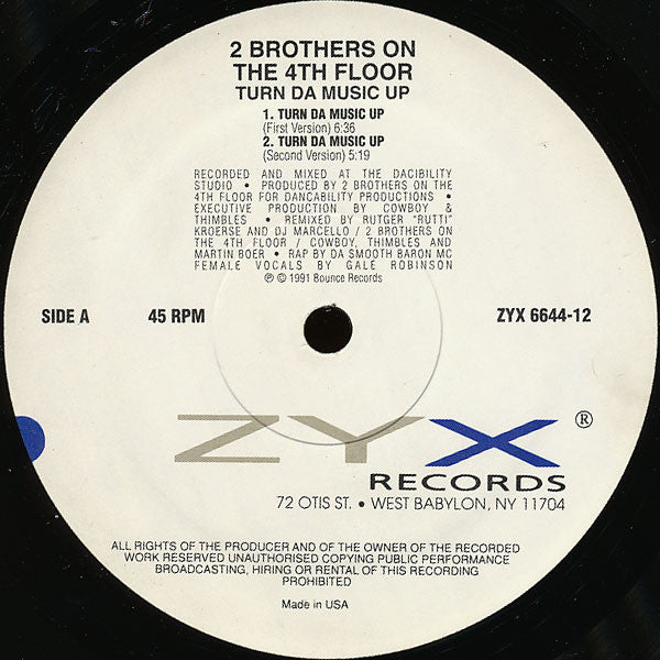 2 Bros On The 4th Floor - Turn Da Music Up - Mint- 12" Single Record 1991 ZYX USA Vinyl - House / Euro House - Shuga Records