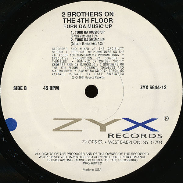 2 Bros On The 4th Floor - Turn Da Music Up - Mint- 12" Single Record 1991 ZYX USA Vinyl - House / Euro House - Shuga Records
