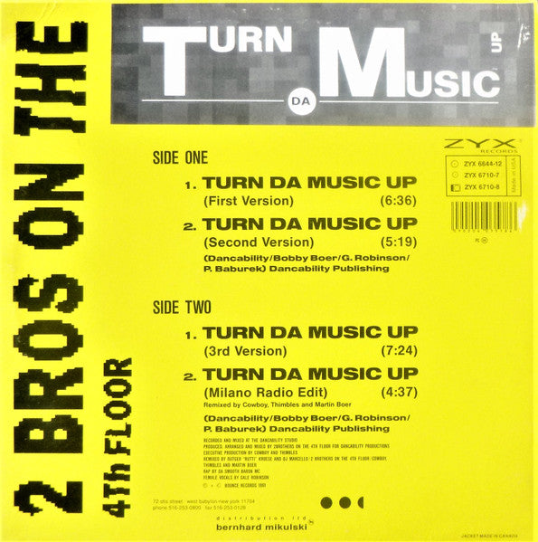 2 Bros On The 4th Floor - Turn Da Music Up - Mint- 12" Single Record 1991 ZYX USA Vinyl - House / Euro House - Shuga Records