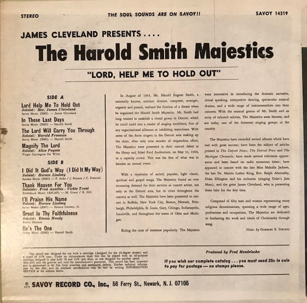 James Cleveland Presents The Harold Smith Majestics - Lord, Help Me To Hold Out - VG+ LP Records 1973 Savoy USA Vinyl - Gospel - Shuga Records