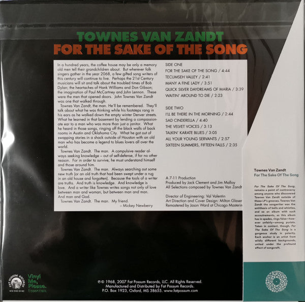 Townes Van Zandt - For The Sake Of The Song (1968) - New LP Record 2018 Fat Possum Vinyl Me Please Blue 180 gram Vinyl & Booklet - Folk / Country / Acoustic - Shuga Records
