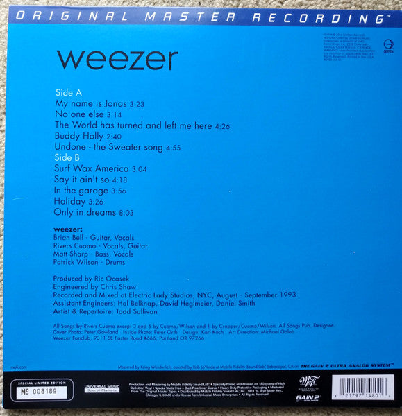 Weezer - The Blue Album - Mint- LP Record 2016 Geffen Mobile Fidelity Sound Lab Original Master Recording Blue Solid 180 gram Vinyl - Alternative Rock - Shuga Records