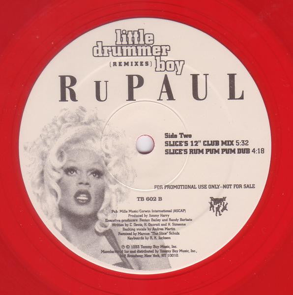RuPaul - Little Drummer Boy (Remixes)- Mint- 12" Single Record 1993 Tommy Boy USA Promo Red Vinyl - House / Holiday / R&B - Shuga Records