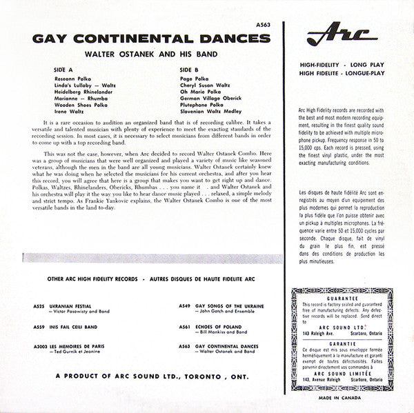 Walter Ostanek And His Band - Gay Continental Dance Party - VG+ LP Record 1960s ARC Canada Vinyl - World / Polka - Shuga Records