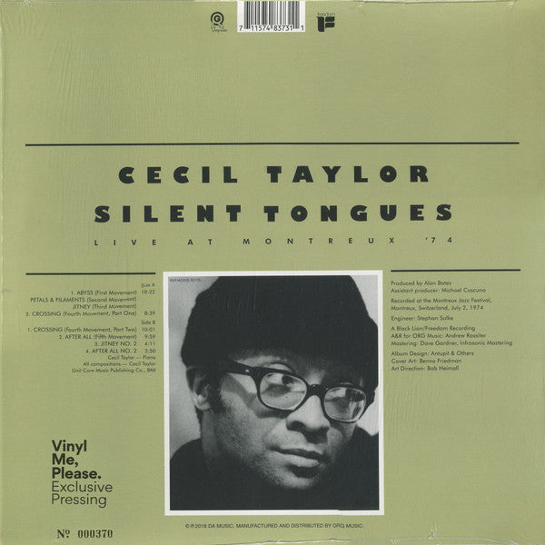 Cecil Taylor - Silent Tongues - Live At Montreux '74 (1975) - Mint- LP Record 2018 Freedom ORG Vinyl Me Please Club Gold With Black Smoke Vinyl & Numbered - Free Jazz / Free Improvisation - Shuga Records