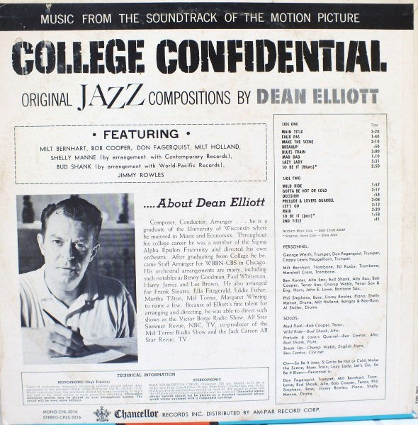 Dean Elliott - College Confidential - VG+ LP Record 1960 Chancellor USA Original Vinyl - Soundtrack / Cool Jazz