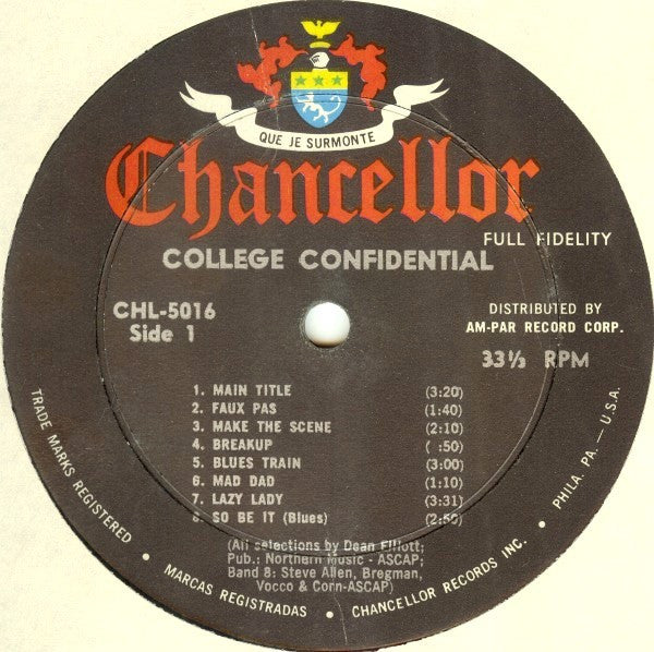 Dean Elliott - College Confidential - VG+ LP Record 1960 Chancellor USA Original Vinyl - Soundtrack / Cool Jazz