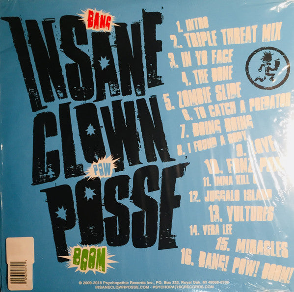 ICP / Insane Clown Posse - Bang Pow Boom (2009) - Mint- 2 LP Record 2018 Psychopathic Translucent Blue 180 gram Vinyl - Hardcore Hip-Hop  / Horrorcore - Shuga Records