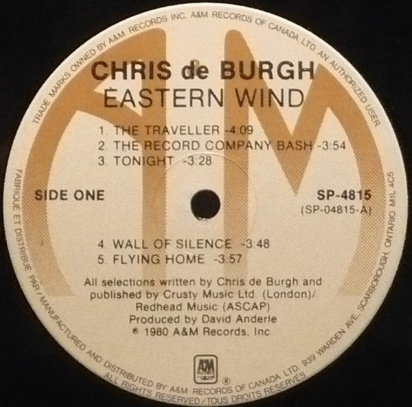 Chris de Burgh – Eastern Wind - VG+ LP Record 1980 A&M Canada Vinyl - Pop Rock / Soft Rock - Shuga Records