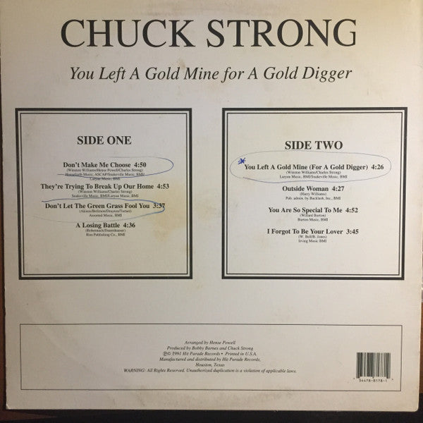 Chuck Strong - You Left A Gold Mine For A Gold Digger - New LP Record 1991 Hit Parade USA Vinyl - Texas Soul / Funk - Shuga Records