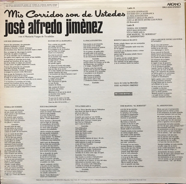 Jose Alfredo Jimenez - Mis Corridos Son De Ustedes - VG+ LP Record 1975 Arcano USA vinyl - Latin / Bolero / Mariachi - Shuga Records