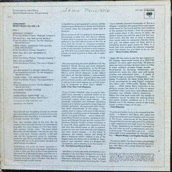 John Barry - Ready When You Are, J.B. - Mint- LP Record 1970 Columbia USA Original Press Vinyl - Soundtrack / Theme / Score - Shuga Records