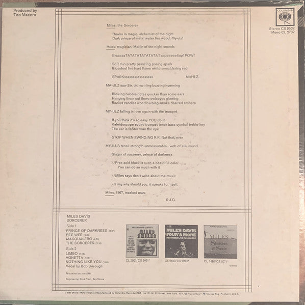 Miles Davis - Sorcerer - Mint- LP Record 1967 Columbia USA Original Stereo Vinyl - Jazz / Modal - Shuga Records